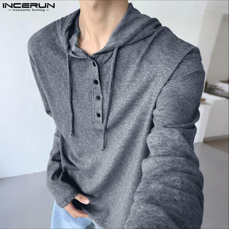 INCERUN Oversized Men Long Sleeve Transparent Loose Drawstring Hooded Tops T-shirts