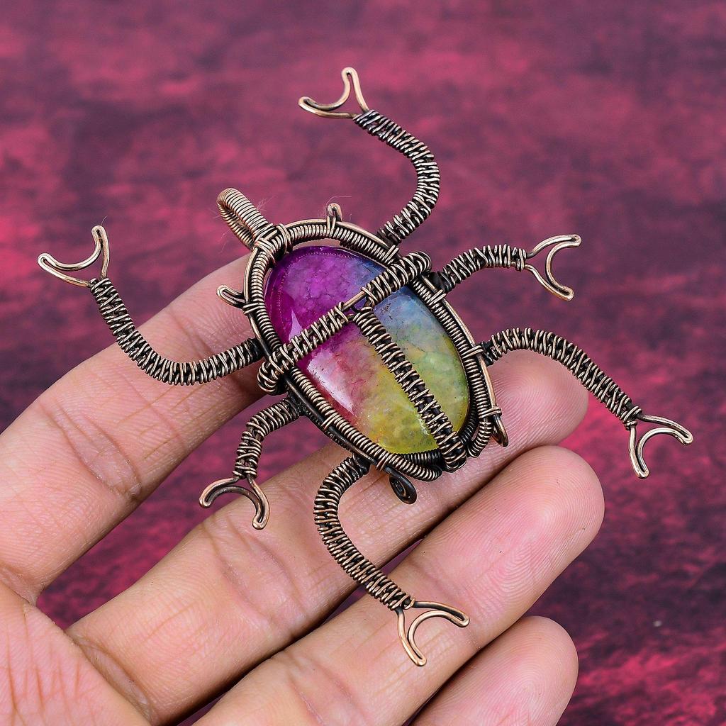 Rainbow Solar Quartz Druzy Pendant Beetle Pendant Copper Wire Wrapped Jewelry