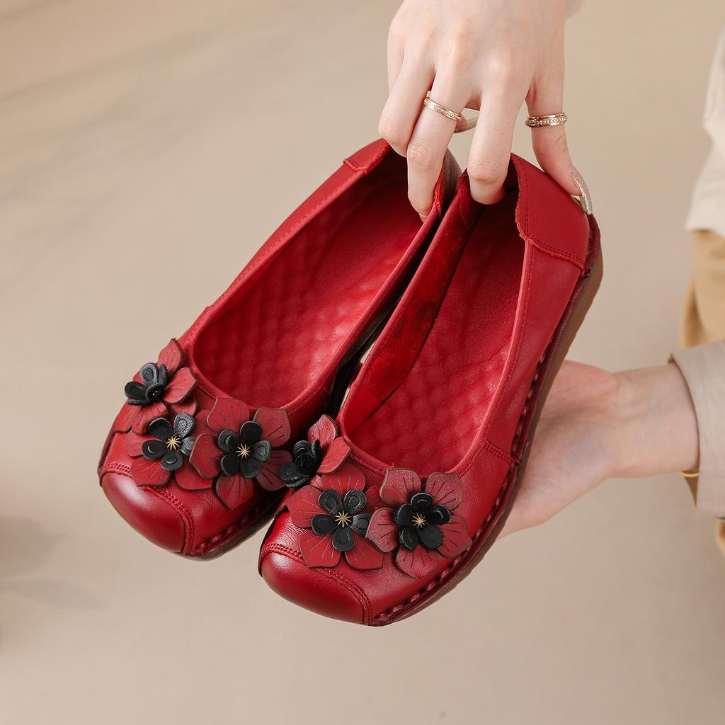 Fashion New Genuine Leather Wedge Pumps Women Med Heeled Pump Slip On Flats Elderly Woman Retro Moccasins Ladies Flat Sole Shallow Shoe