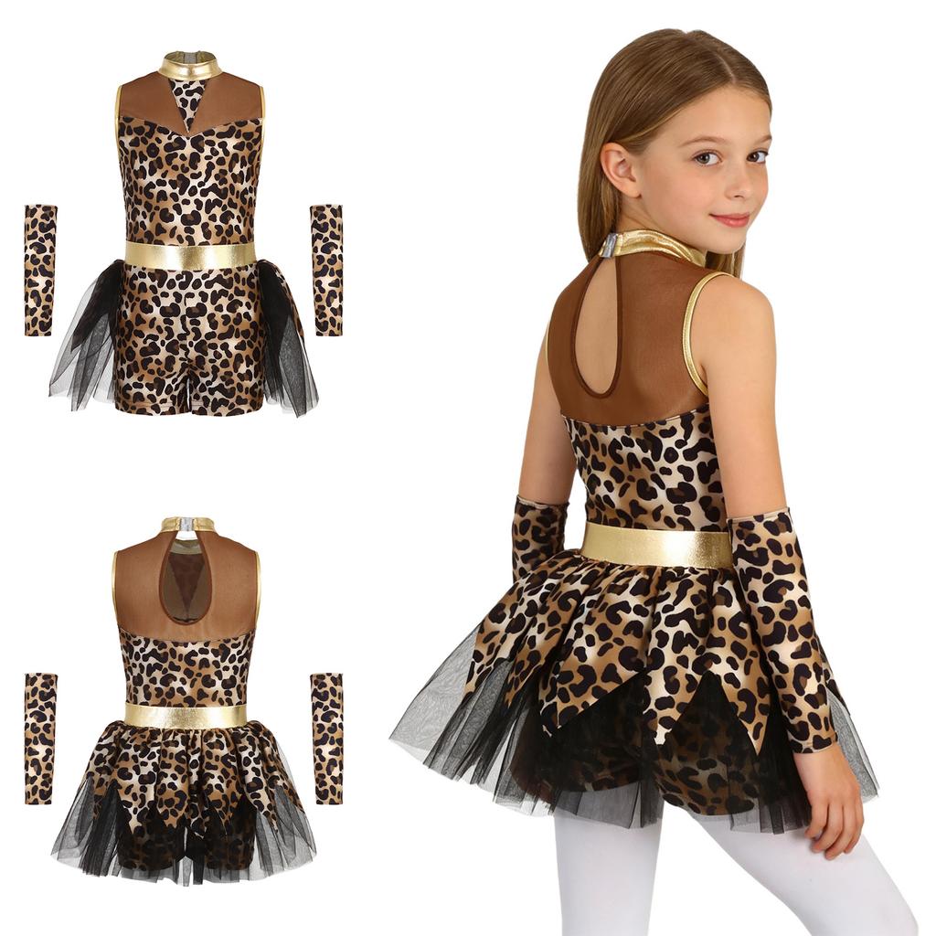 Kinder Höhlenmensch Leopardenmuster Strampler Ärmellos Tüllrock mit Handschuhen und Metallisch Glänzendem Netz-Patchwork für Halloween Bühnenverkleidung