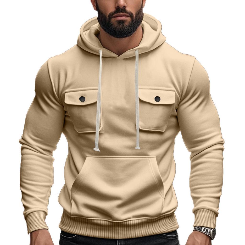 Men's American Style Heavyweight Plus Velvet Hooded Outdoor Workwear Sweatshirt - Multi-Pocket, Long Sleeve, Autumn/Winter Warmth