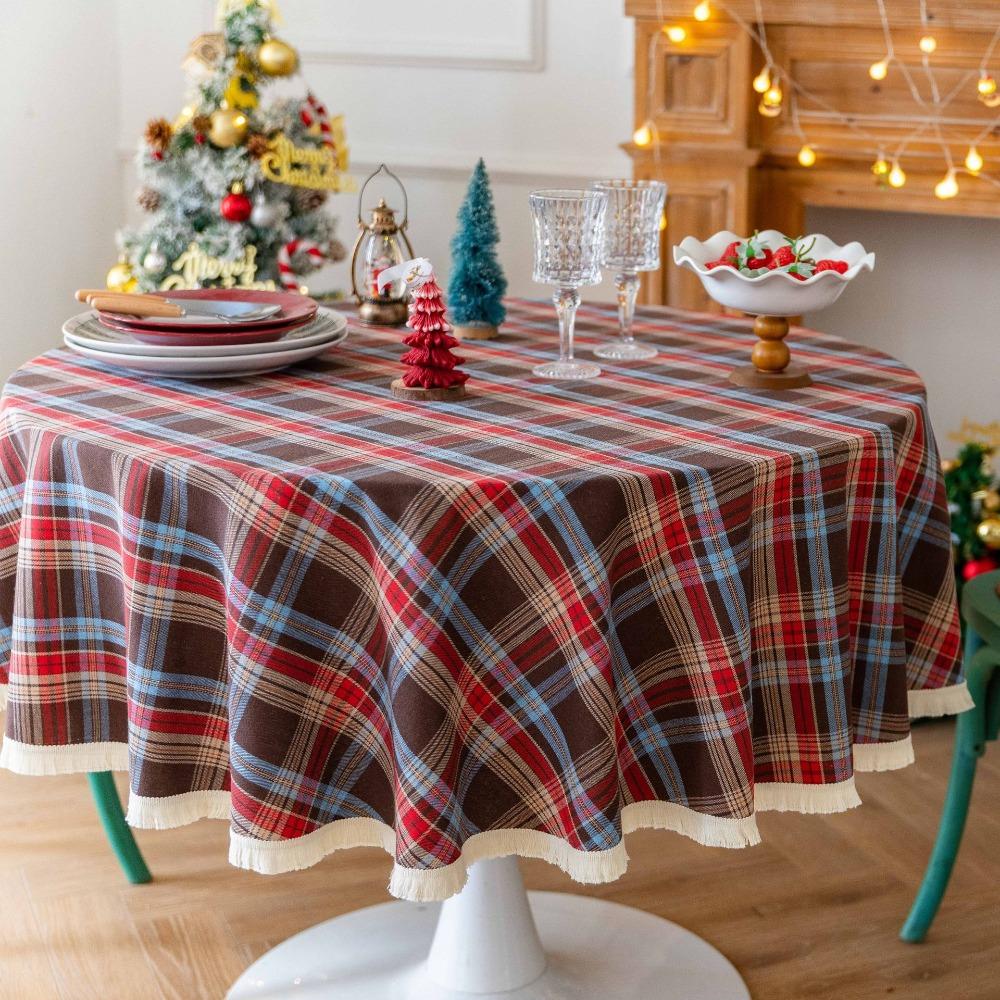 Christmas Tablecloth Vintage Striped Checkered Cotton Linen Dining Party Decor