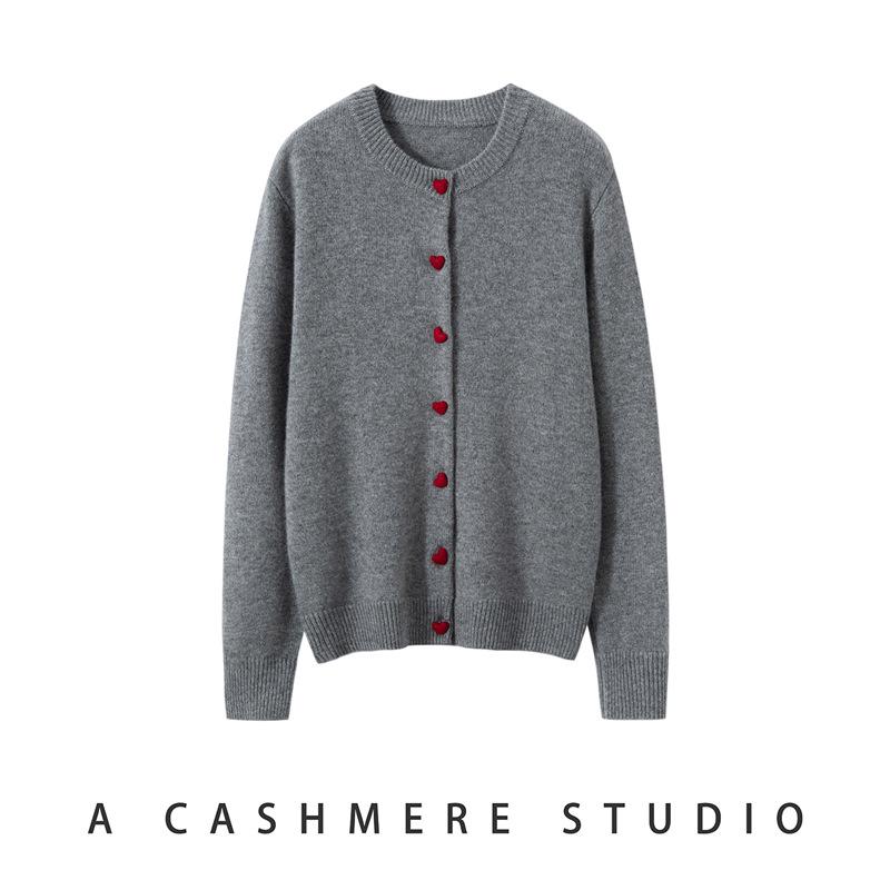 Heart Button Cashmere Round Neck Knit Cardigan - Autumn/Winter Collection