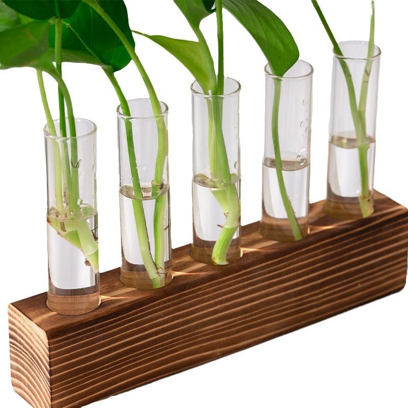 3/5 Röhrchen Wandhängende Hydroponische Pflanzenvermehrung Glasvase mit Holzständer Schreibtisch für Zuhause Büro Pflanzgefäß Garten Dekor