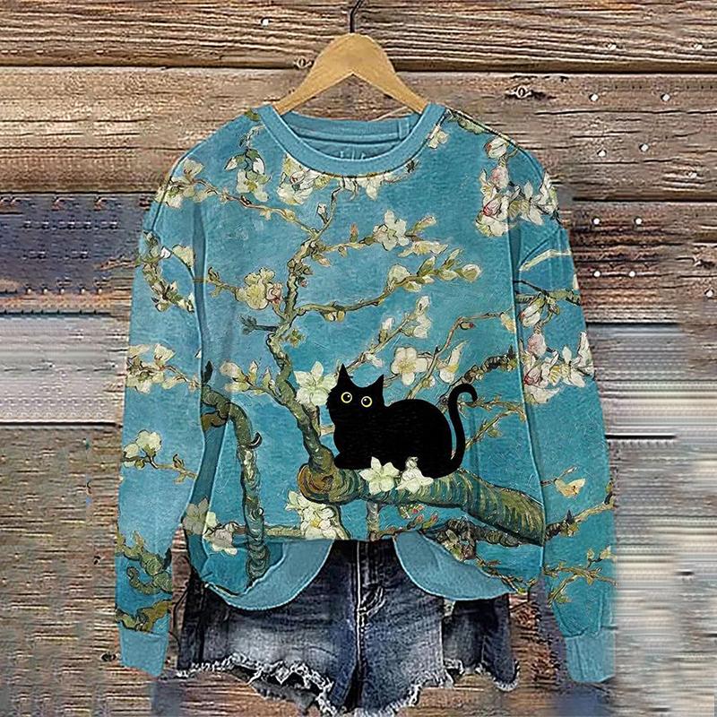 2024 Ny Dam Huvtröja Retro Femmes Söt Katt Konst mönster 3D-tryck Sweatshirts Höst Vinter Långärmad Dam Lös Pullover