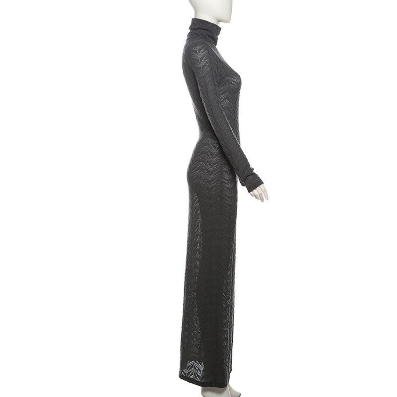 Herbst und Winter Damen Sexy Perspektive Slim-Fit High-Neck Langarm Volltonfarbe Langer Rock Temperament Kleid