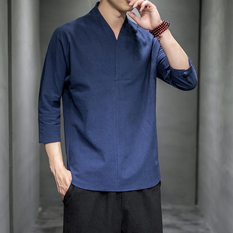 2025 Men's Retro Cotton Linen T-Shirt – Chinese & Japanese Style, Short & Seven-Sleeve, Plus Size, Solid Color