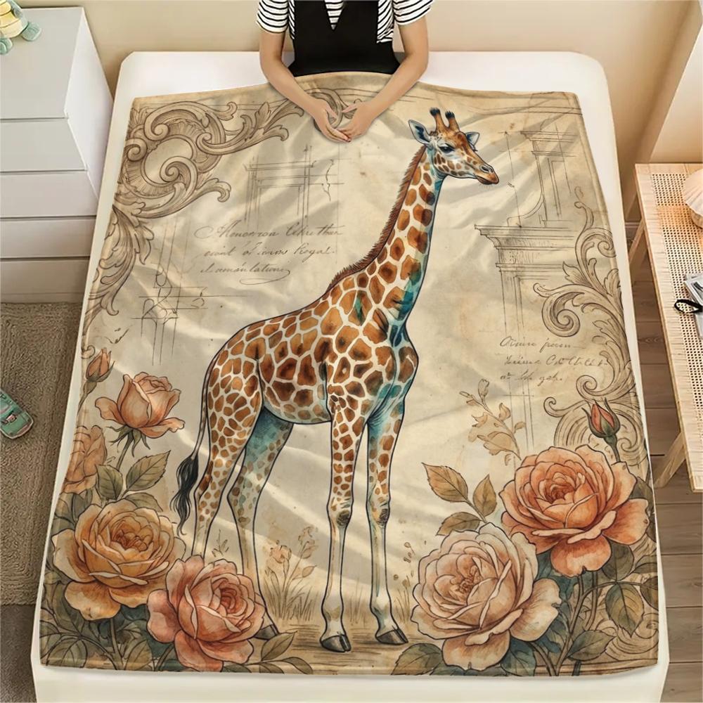 1PC Retro Floral Animal Print Flannel Blanket, High quality All Seasons, Home Decor, Warmth and Comfort, Perfect for Christmas Gifts