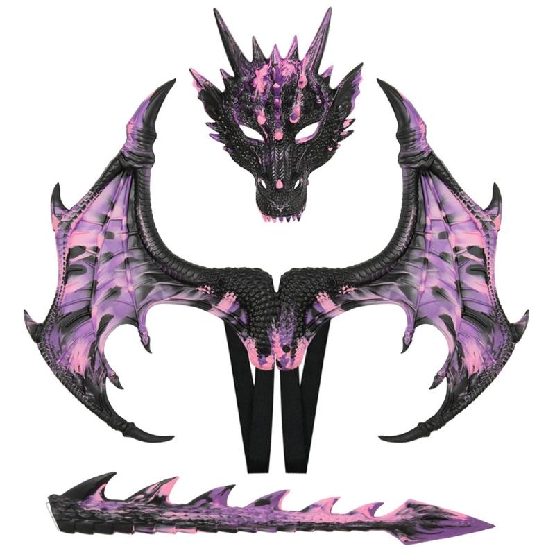 Drachenkostüm für Kinder Jungen Mädchen, Drachenflügel Schwanz Masken-Set, Halloween Dinosaurier Cosplay Kostüm Zubehör