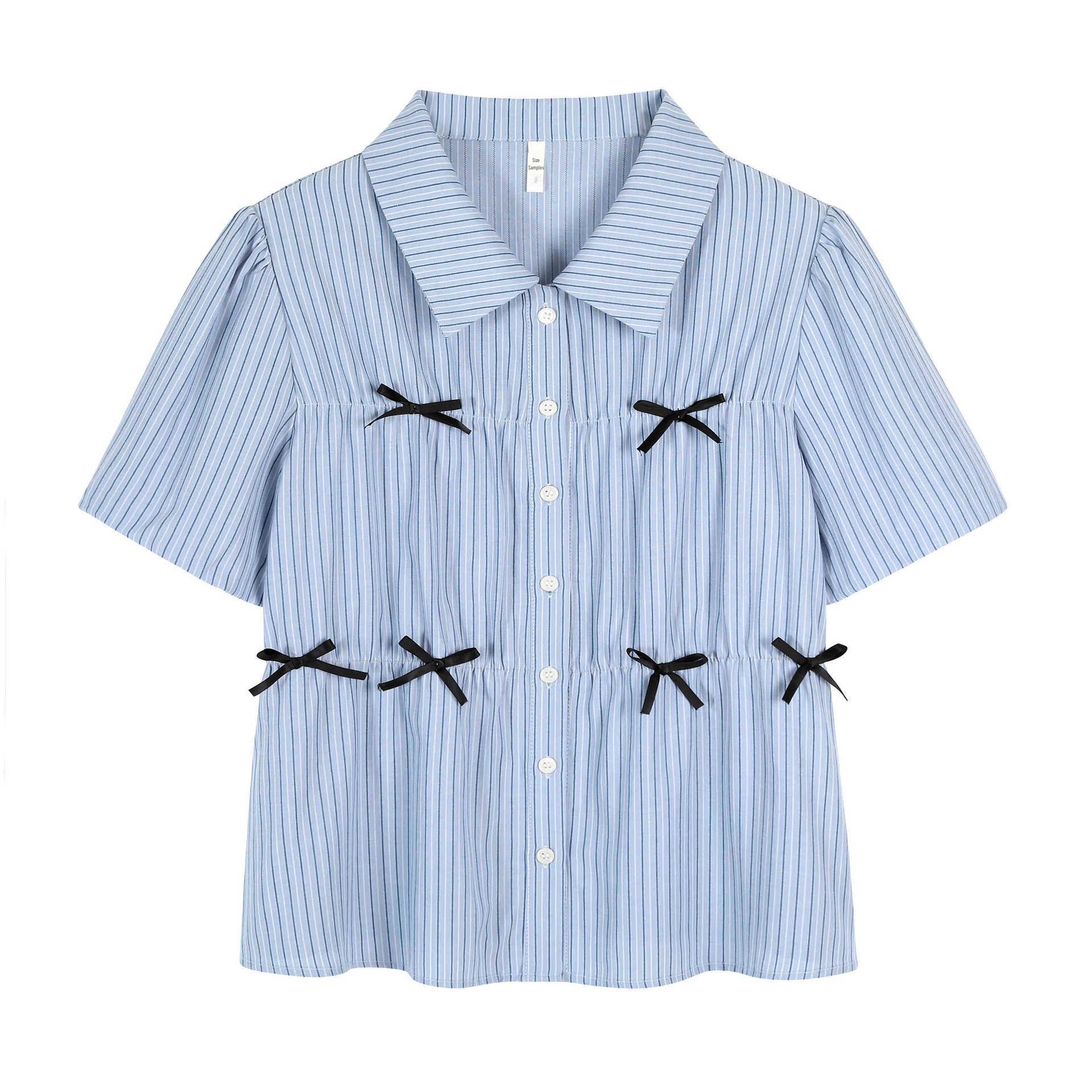 

Женская рубашка большого размера в студенческом стиле синего цвета с бантом - Приталенная 4XL (suggested 180-200 jin)