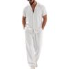 Men's Linen Two-Piece Set Short Sleeve Shirt Open Collar Button Front Top with Long Pants Lightweight Casual Beachwear Outfit