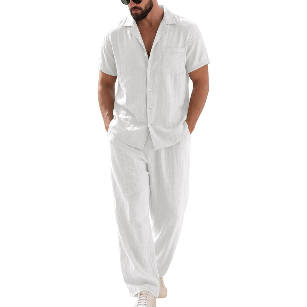 Men's Linen Two-Piece Set Short Sleeve Shirt Open Collar Button Front Top with Long Pants Lightweight Casual Beachwear Outfit