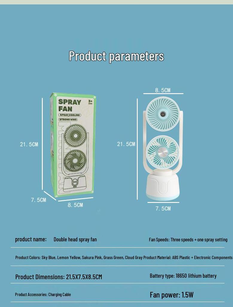 Dual-Head USB Mini Desktop Fan: Three-Speed, Strong Wind, Humidifying Spray for Summer Office