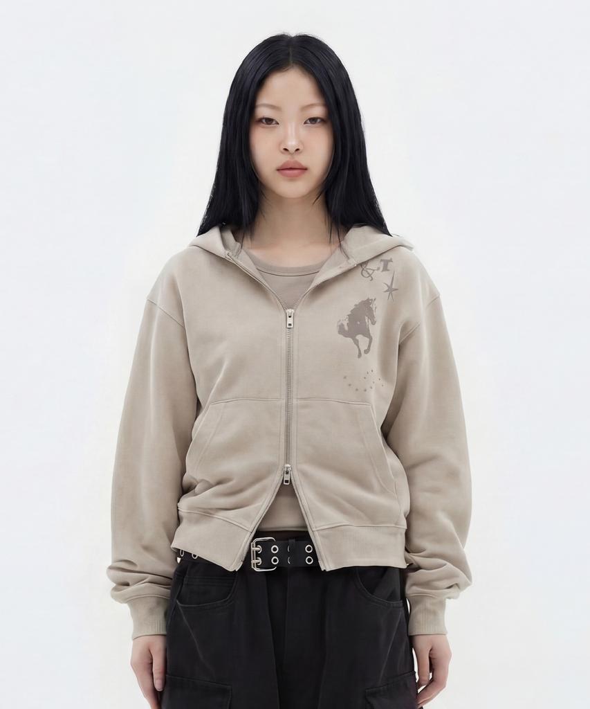 Dominant Midnight Horse Graphic Hoodie Zip-Up_Beige