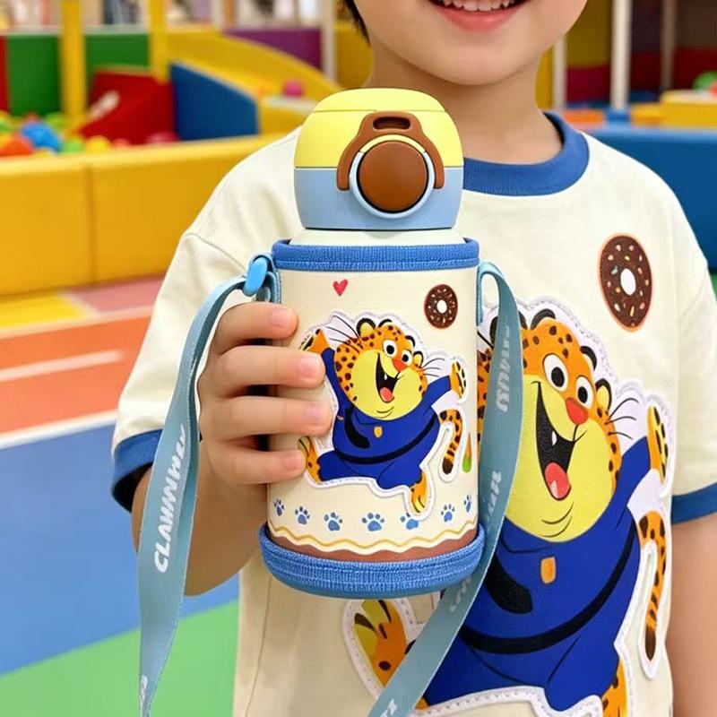 Cartoon leather cup cover bouncing 111 stainless steel thermos cup kindergarten baby drinking cup double cover straw cup