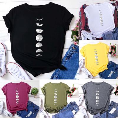 Blusa feminina com decote em O manga curta estampa camiseta casual Moon Top