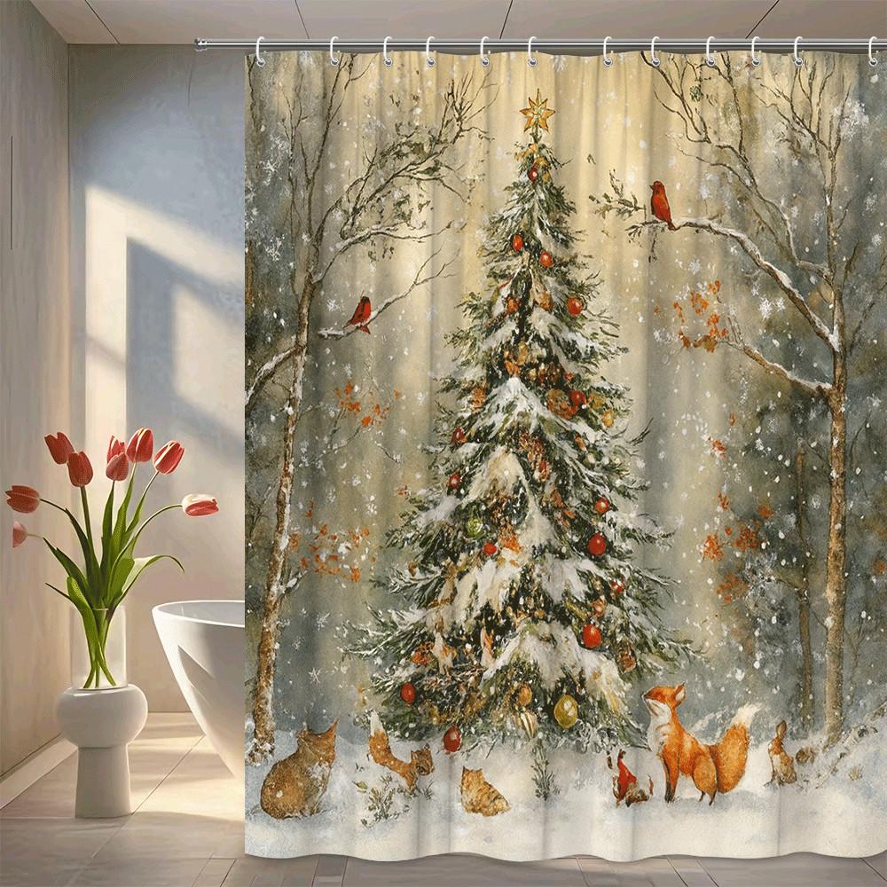 

Christmas Tree Forest Shower Curtain Snowy Winter Scene With Foxes And Birds Holiday Home Decor Waterproof Easy To Install W60H190(CM)-1 Pcs