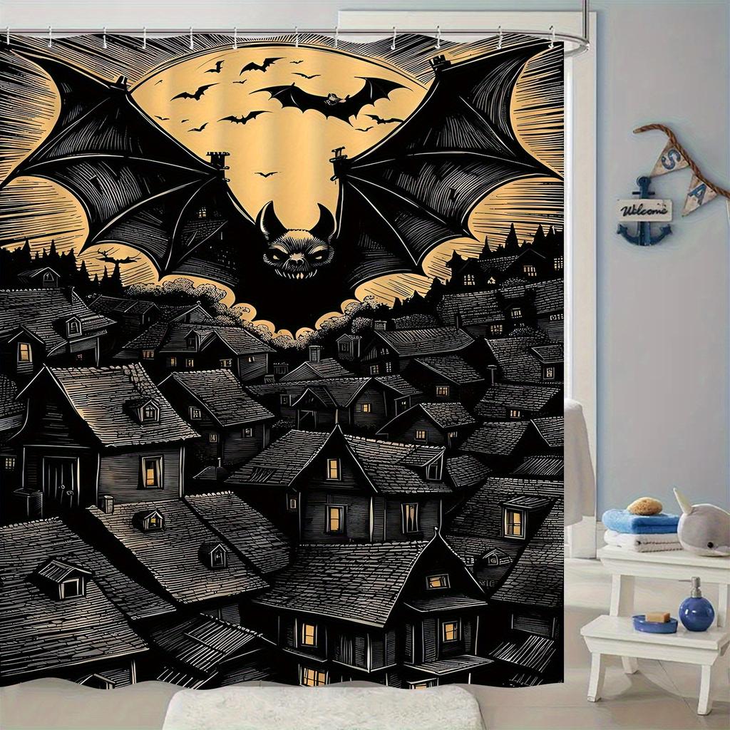 1Pc, Simple, Bat Pattern Shower Curtain- Elegant Natural Design For Every Scene Including 12 Hooks, Polyester Fabric For Easy