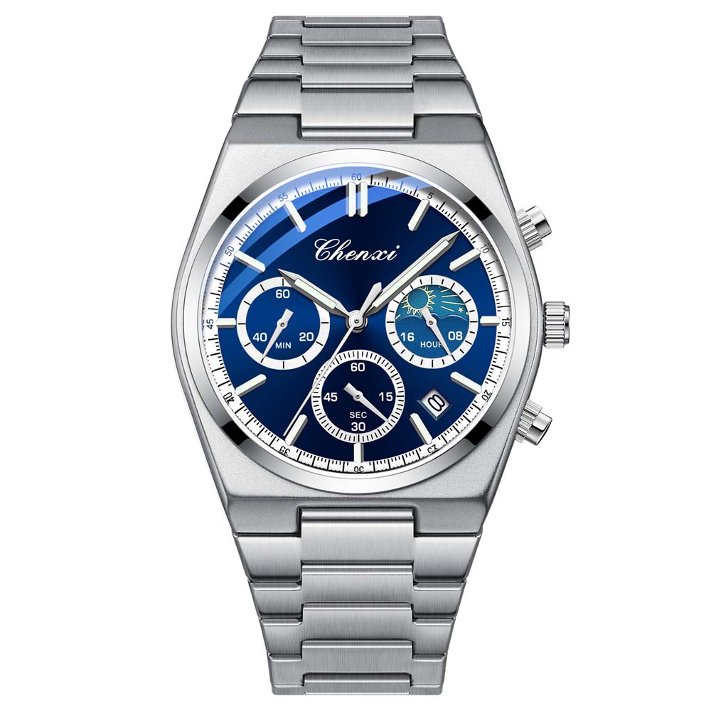 CHENXI Men's Multifunctional Watch Calendar Moon Phase Chronograph Stylish Stainless Steel Strap Luminous Waterproof Wristwatch
