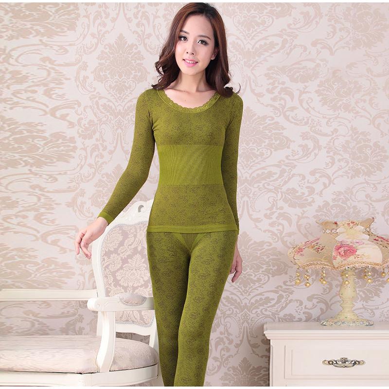 Sexy Women Underwear Thermal Sets High Neck Long Sleeve Top and Elastic Waist Bottom Comfortable Suit