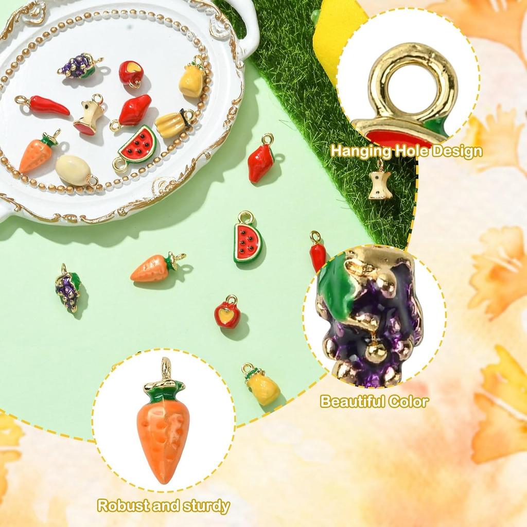 LiQunSweet 20 pcs 10 Styles Vegetable and Fruit Enamel Charms Watermelon Strawberry Banana Carrot Charms for DIY Jewelry Bracelet Necklace Earring