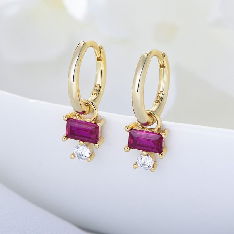 Minimalist Geometric Square Red Zircon Stud Earrings Women Sterling Hypoallergenic Fashion Jewelry 925 Sterling Silver
