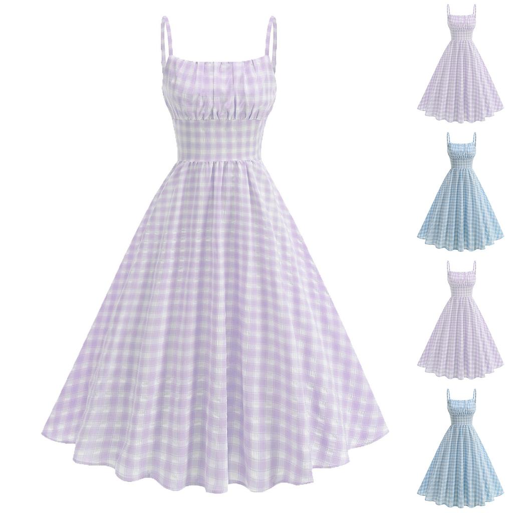 Damen Retro Ein-Schulter Strandoutfit Frische Britische Hosenträger Hoch Taille Karokleid