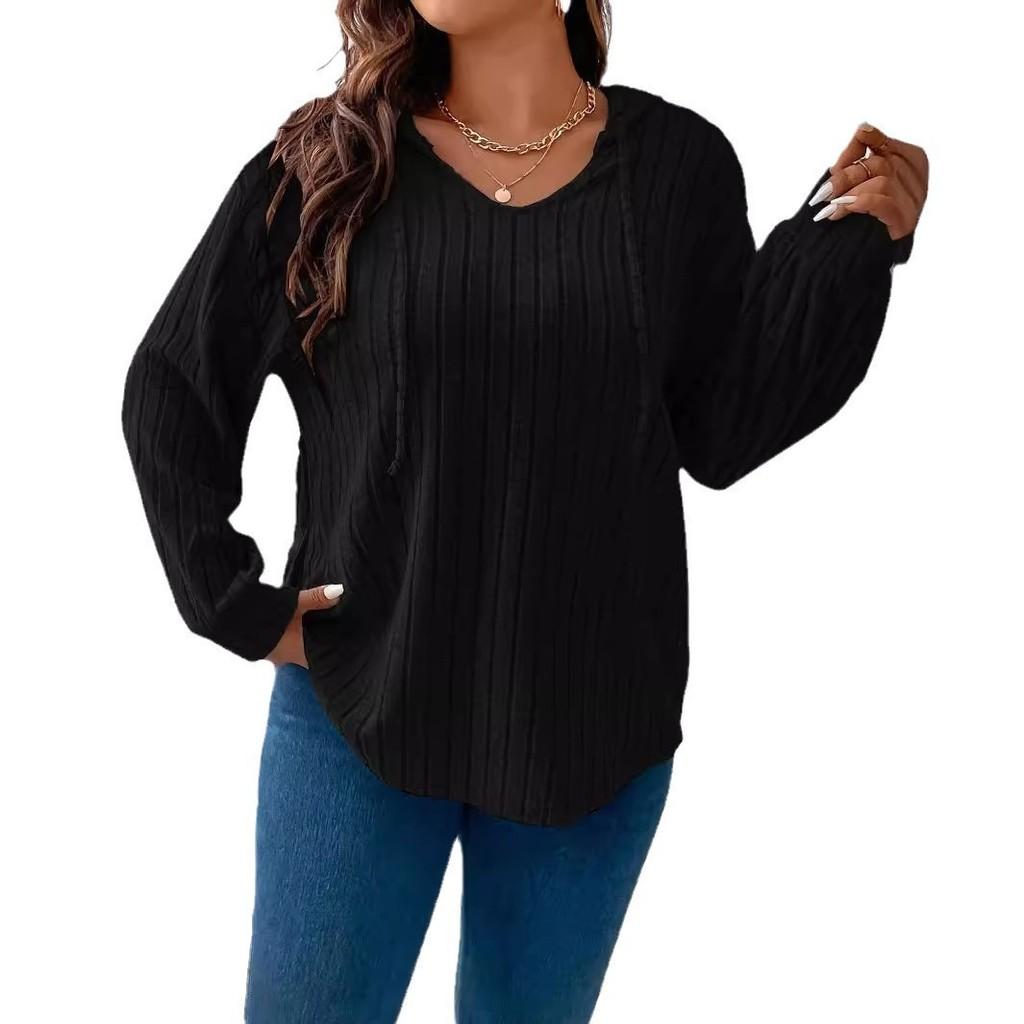 Plus Size Women T Shirt With V Neck Long Sleeve Knitted Fabric For Fall Winter Casual Wear