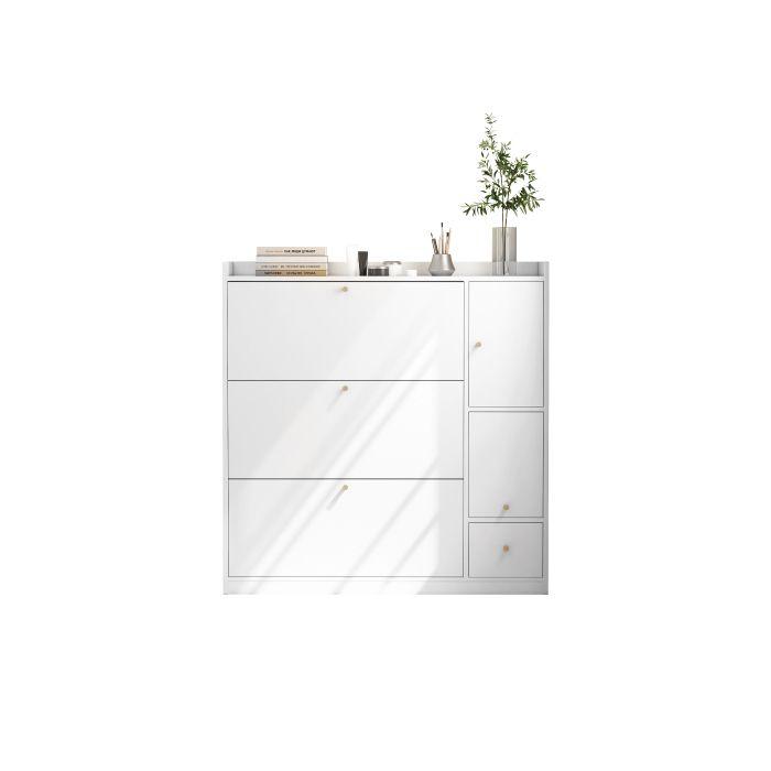 Meuble De Rangement - MUVOE - Armoire À Chaussures - Blanc - 3 Tiroirs - Banc Rabattable