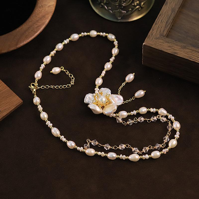 GLSEEVO Natural Freshwater Pearl Flower Necklace for Women Wedding Bridal Engagement Party Pearl Floral Necklace Dainty Jewelry