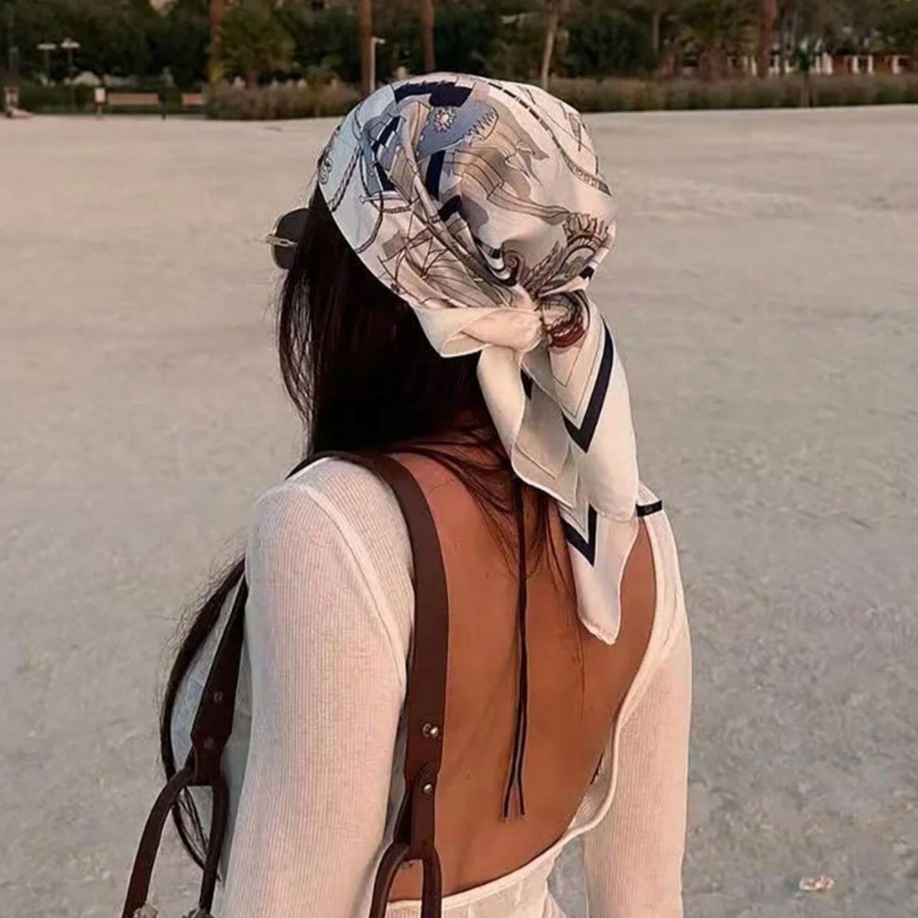 

70cm Square Luxury Silk Scarf Ladies Sailboat Print Headband Small Hair Scarves Band Female handkerchief Scarves Hijab Bandana 70x70cm