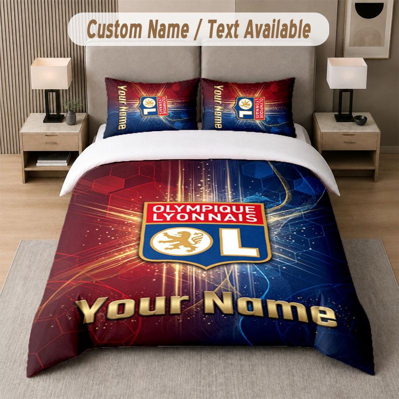Custom Bedding Set Lyon FC Pattern, Print Name Text 1 Duvet Cover plus 2 Pillowcases Home Textile