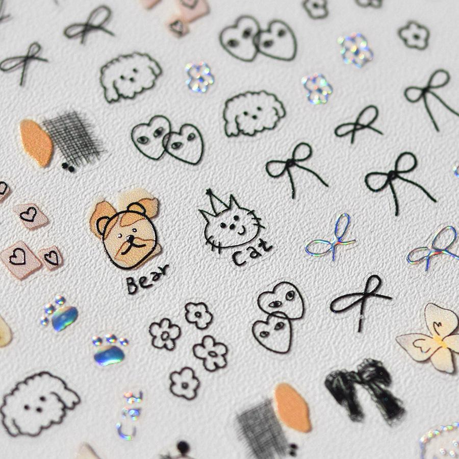 1pcs Cute Sketching Graffiti Animal Cat Dog Rabbit Bear Laser Nail Art Sticker Designs Self Adhesive Decoration Decal Acessories