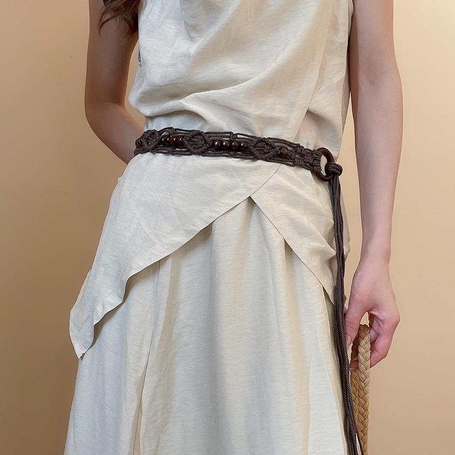 Vintage ethnic wind wood bead woven fringed waist chain bohemian belt clothing