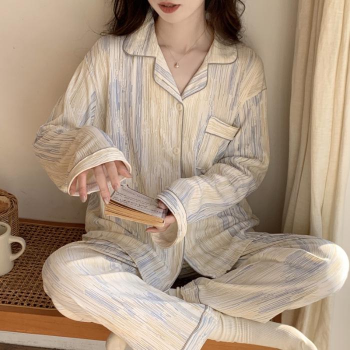 Women's 2024 Spring Polka Dot Pajama Set - Long Sleeve Cardigan and Pants In Casual Wrinkled Fabric