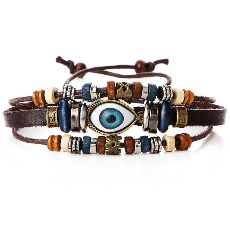 

Evil Eye Bracelets for Men Vintage Leather Rope Cool Adjustable Layered Bracelet Charm Turkey Jewelry Halloween Cosplay One Size коричневий
