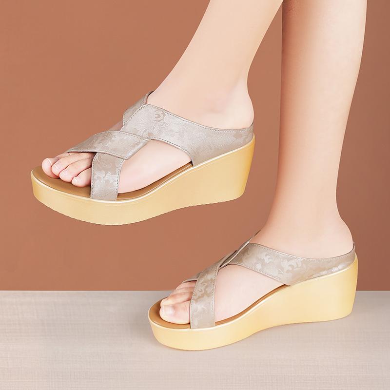 6cm Small Size 33-43 Elegant Comfortable Embroider Soft Leather Slippers Platform Wedges Shoes 2025 Med Heels Slides Office Mom