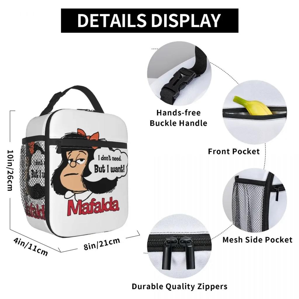 Mafalda I Don't Need But I Want Insulated Lunch Bag Portable Quino Comic Cartoon Thermal Cooler Lunch Tote Office Picnic Travel