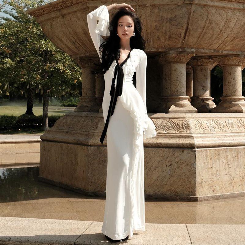 

Французский стиль Нарядное Изящное Платье с бантом V-образным вырезом и расклешенными длинными рукавами Женское Асимметричное платье с оборками и разрезом White S