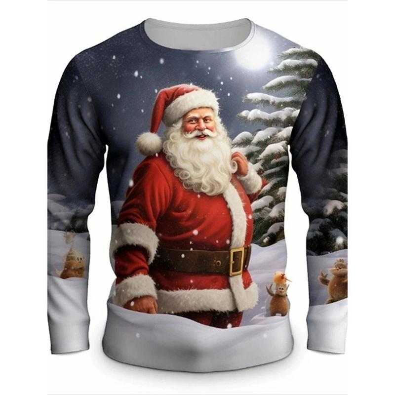 Santa Claus Pattern T-Shirt For Men Christmas Balloon 3D Printed T Shirts Autumn Casual Long Sleeves Loose Round Neck Tops Tees