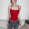 Red Spaghetti Strap Crop Top Jumpsuit with Letter Embroidery