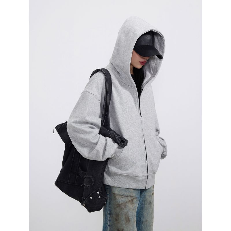 Kisko Street Style Versatile Cleanfit Sweatshirt Unisex Trendy Casual Short Wide Gray Boxy Zip-Up Hoodie