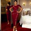 Plus Size Women Beaded Round Neck Waist Cinched Slit Bodycon Evening Party Dress