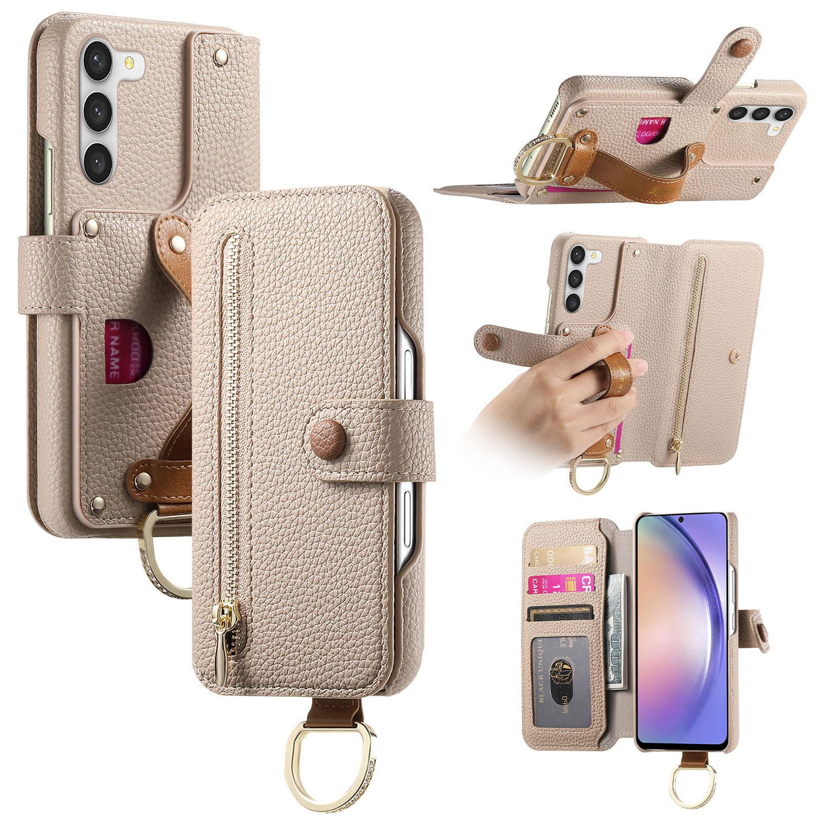 

For Samsung Galaxy S23+ Case RFID Blocking Zipper Wallet PU Leather Mobile Cover Khaki