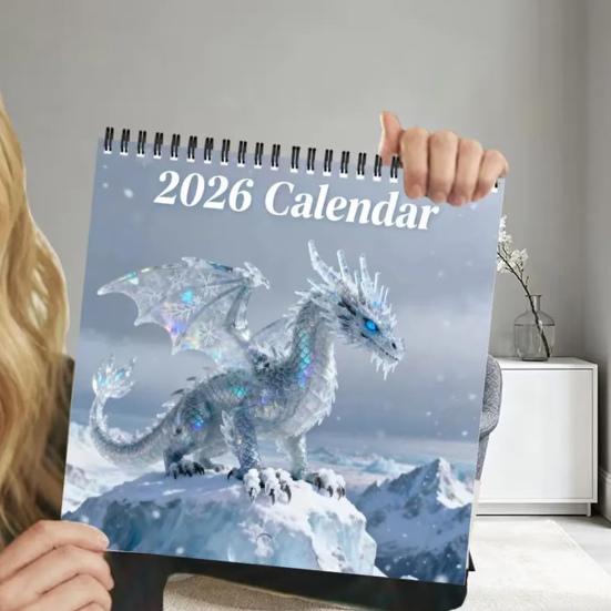2026 Drachen-Fantasy-Wandkalender Monatsplaner mit 12 detaillierten Drachenillustrationen Spiralbindung Aufhängeloch Heim-Büro-Dekor Geschenk für Drachen