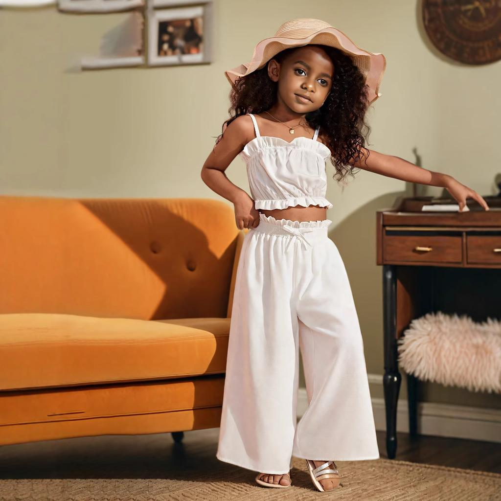 Girls Solid Color Ruffled Halter Top & Straight-leg Pants Set Summer Children Fashion Casual Suit