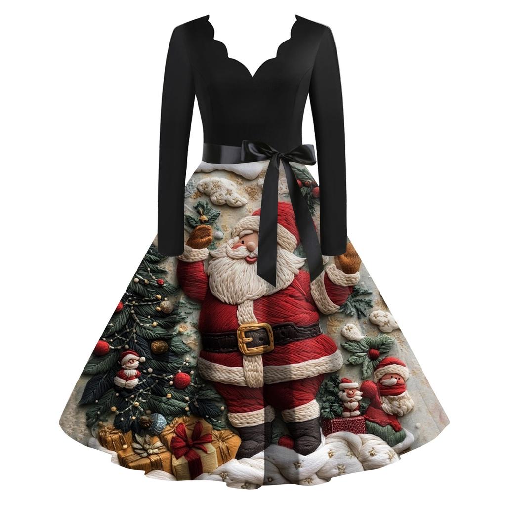 Women's Casual Fashion Christmas Printed V-Neck Vintage Dress