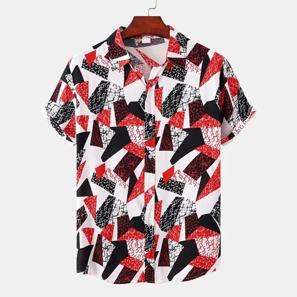 Vintage Splicing Pattern Hawaiian Shirt For Men Colorful Square 3D Printed Short Sleeve Blouse Casual Button Loose Aloha Shirts