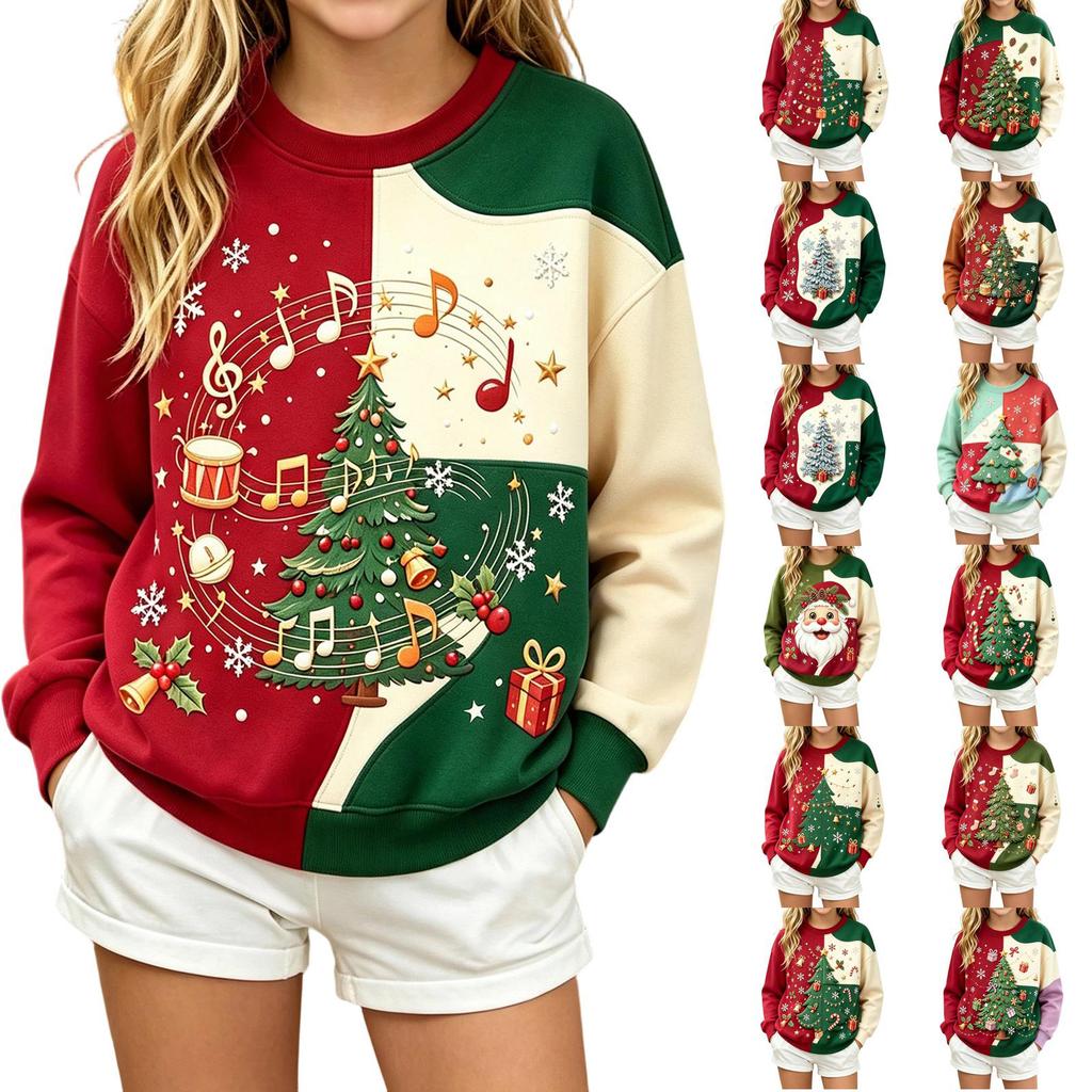 Boys Girls Christmas Sweatshirt - Print Long Sleeve Neck Casual Pullover for Fall Winter