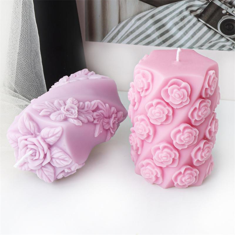 3D Relief Leaf Rose Cylinder Bee Silicone Mold DIY Valentine's Day Romantic Fragrance Candle Plaster Resin Craft Home Decor
